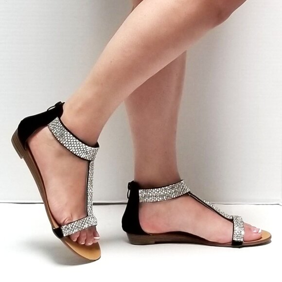 New Black Silver Rhinestone Straps Wedge Sandals - Picture 5 of 5